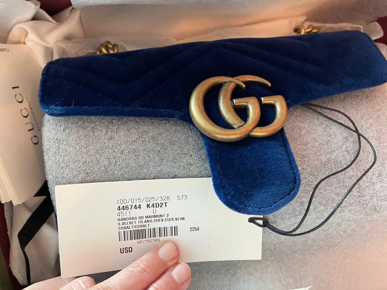 Gucci Velvet Matelasse Small GG Marmont Shoulder Bag Cobalt Blue Handbag New