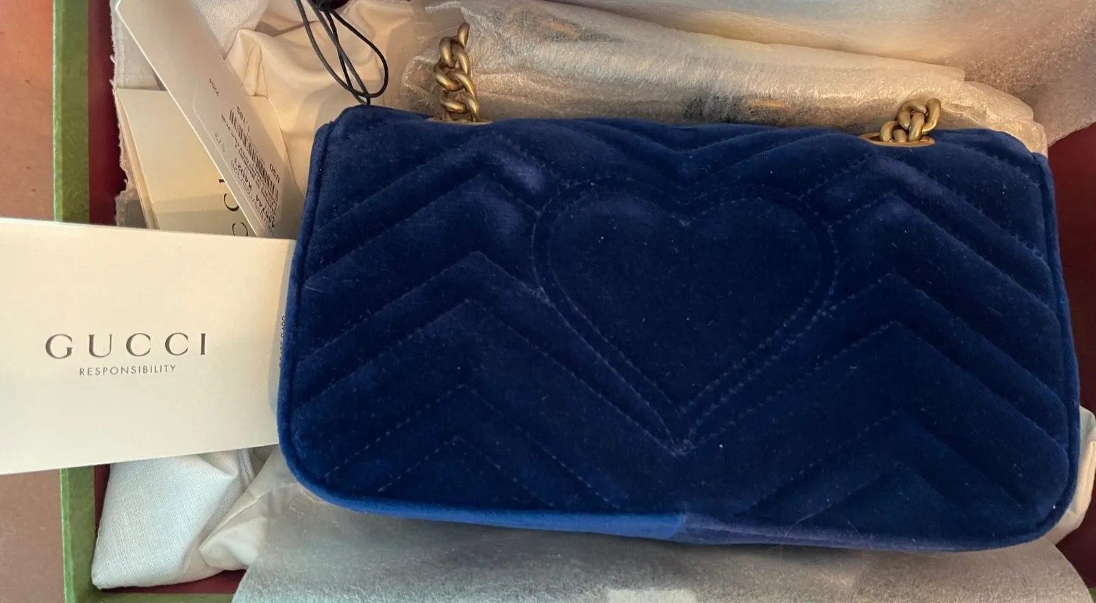 Gucci Velvet Matelasse Small GG Marmont Shoulder Bag Cobalt Blue Handbag New