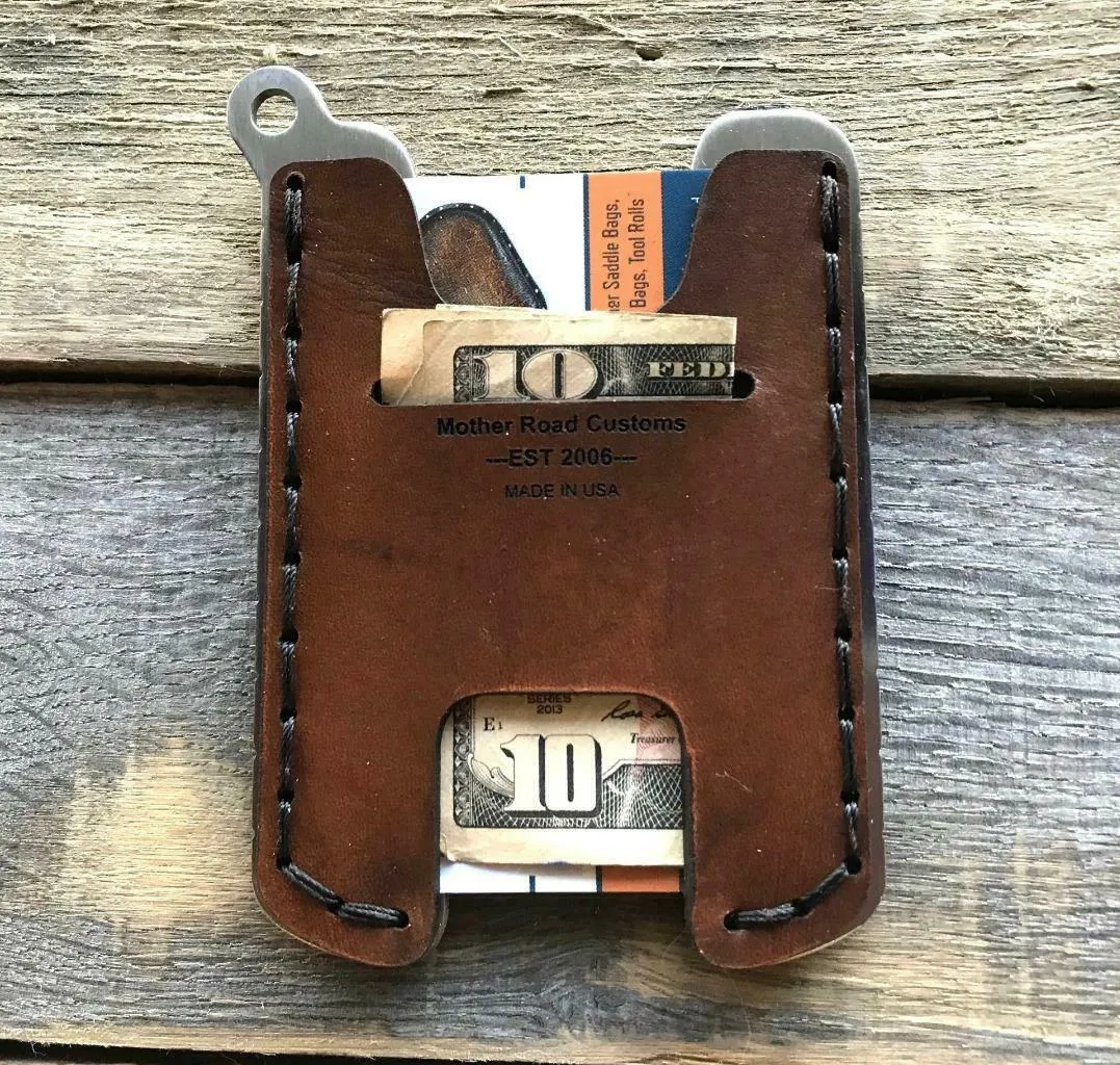 Hawk One Minimalist Men's Women's Black Top Grain Leather Stainless Steel Wallet