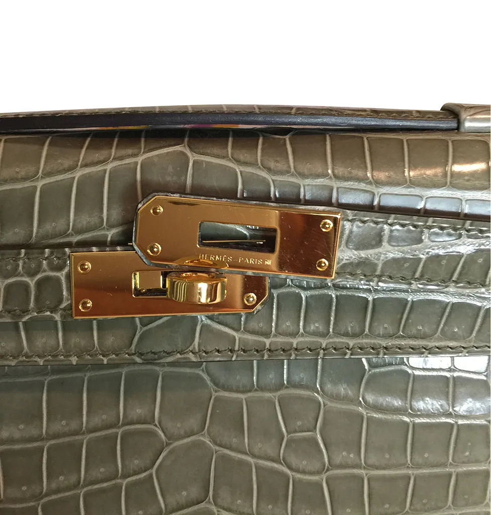 Hermès Kelly Cut Gris Tourterelle Porosus Crocodile GHW