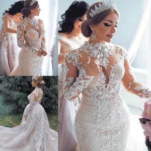 high neck luxury wedding dress with detachable skirt lace appliqué beaded elegant crystal wedding gowns