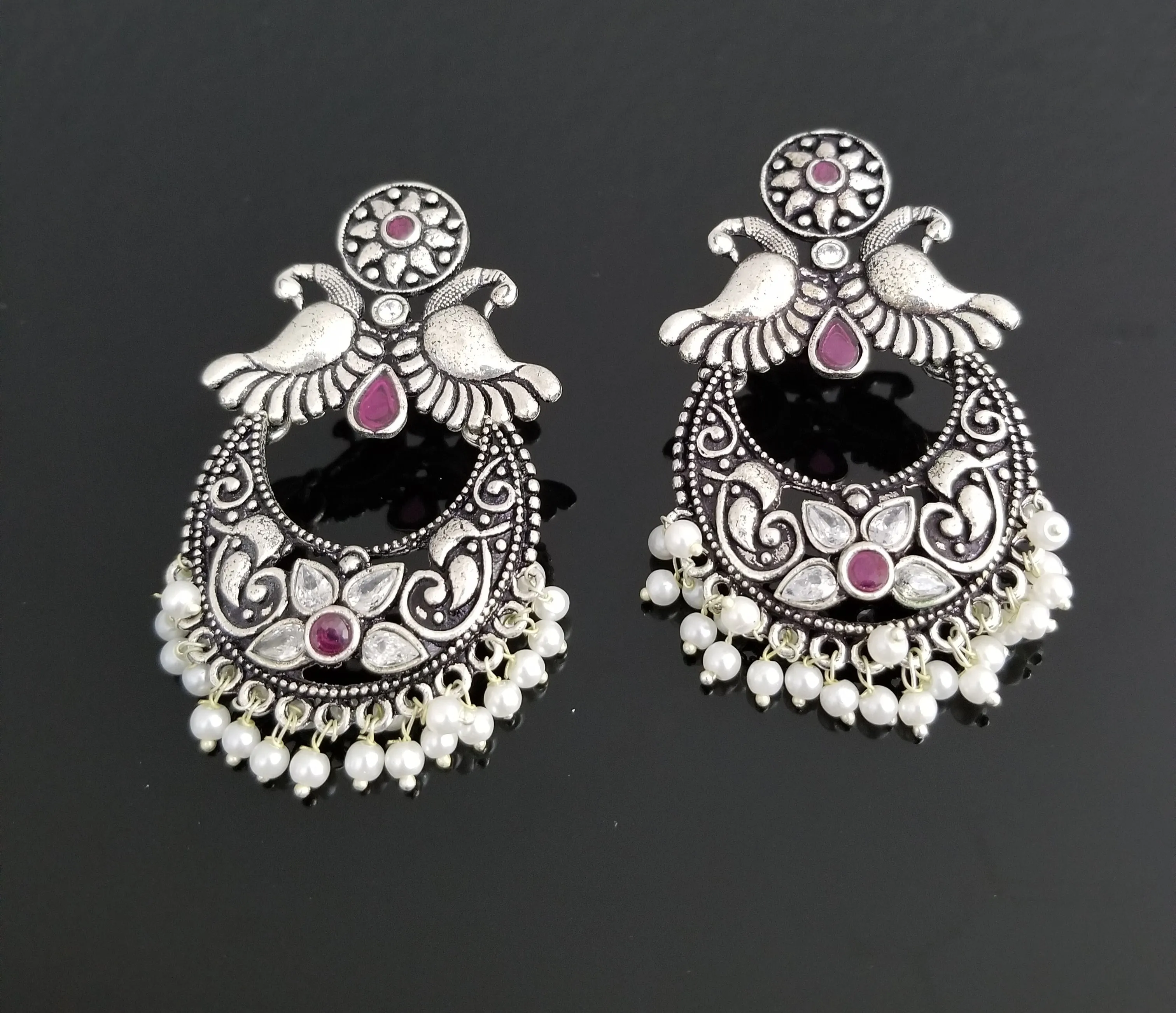 Indo Western Peacock Earring With Oxidised Plating