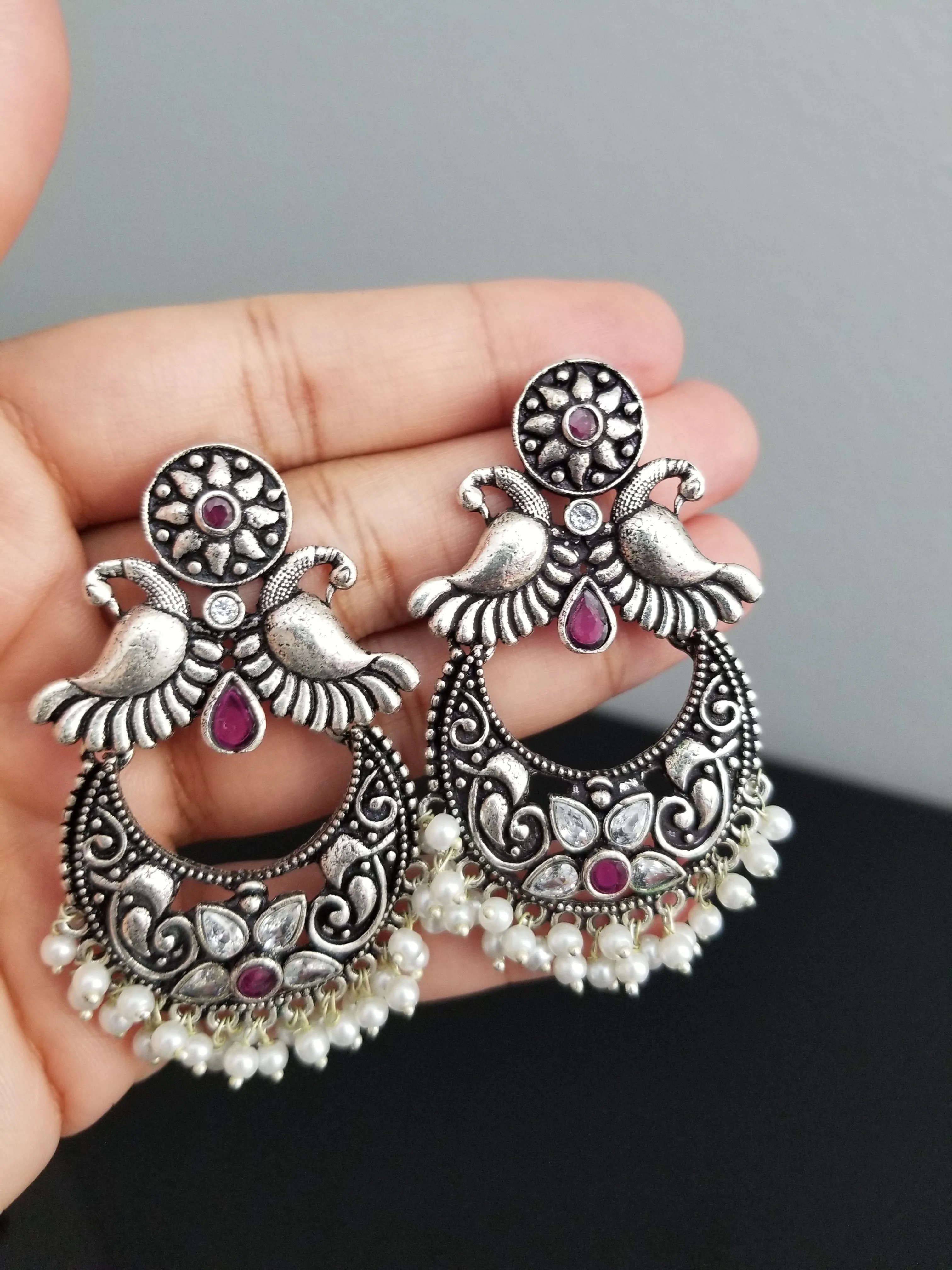 Indo Western Peacock Earring With Oxidised Plating