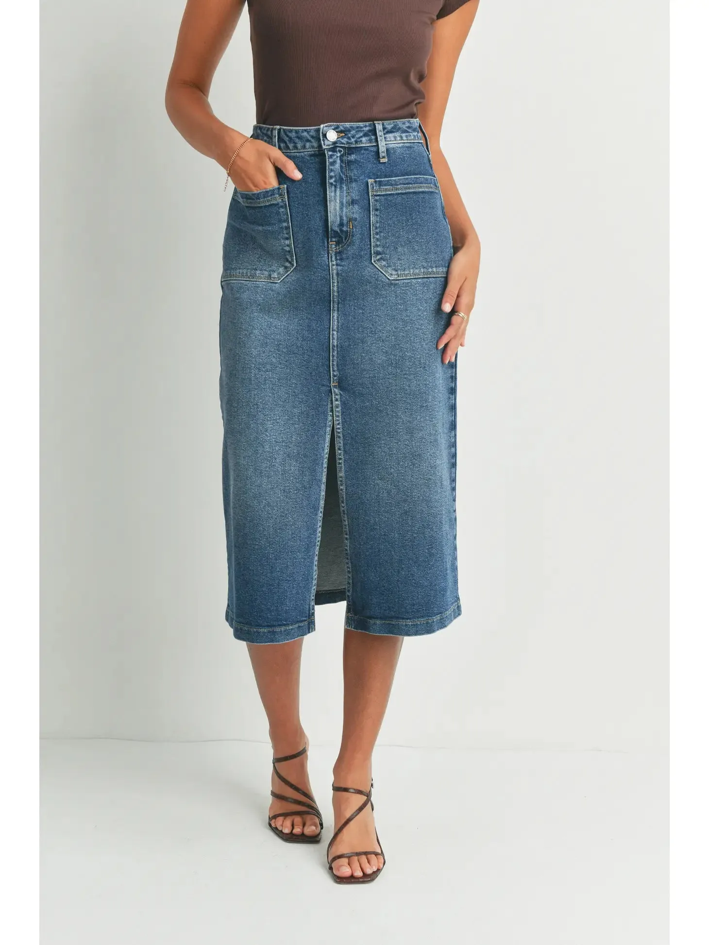Jess Denim Utility Midi Skirt - Dark Denim
