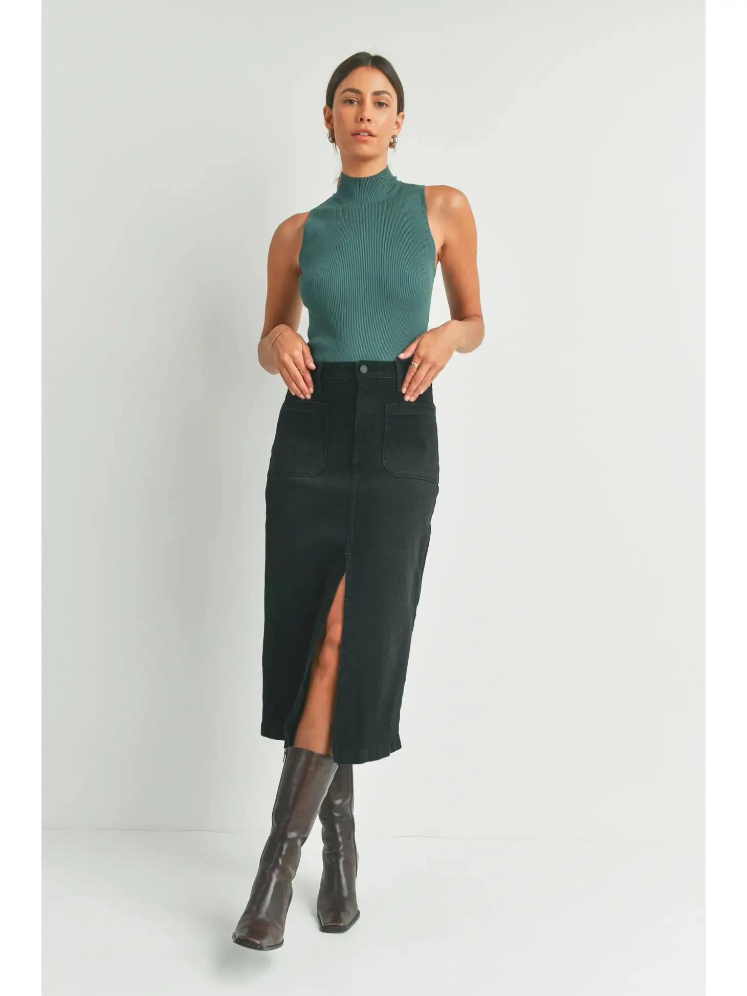 Jess Denim Utility Midi Skirt - Washed Black