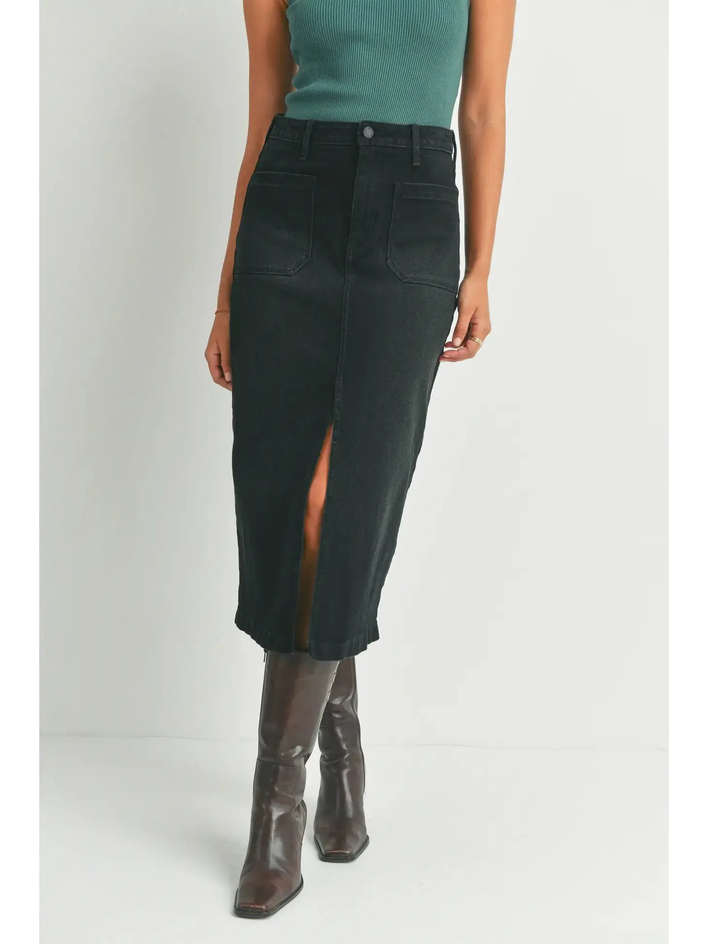 Jess Denim Utility Midi Skirt - Washed Black
