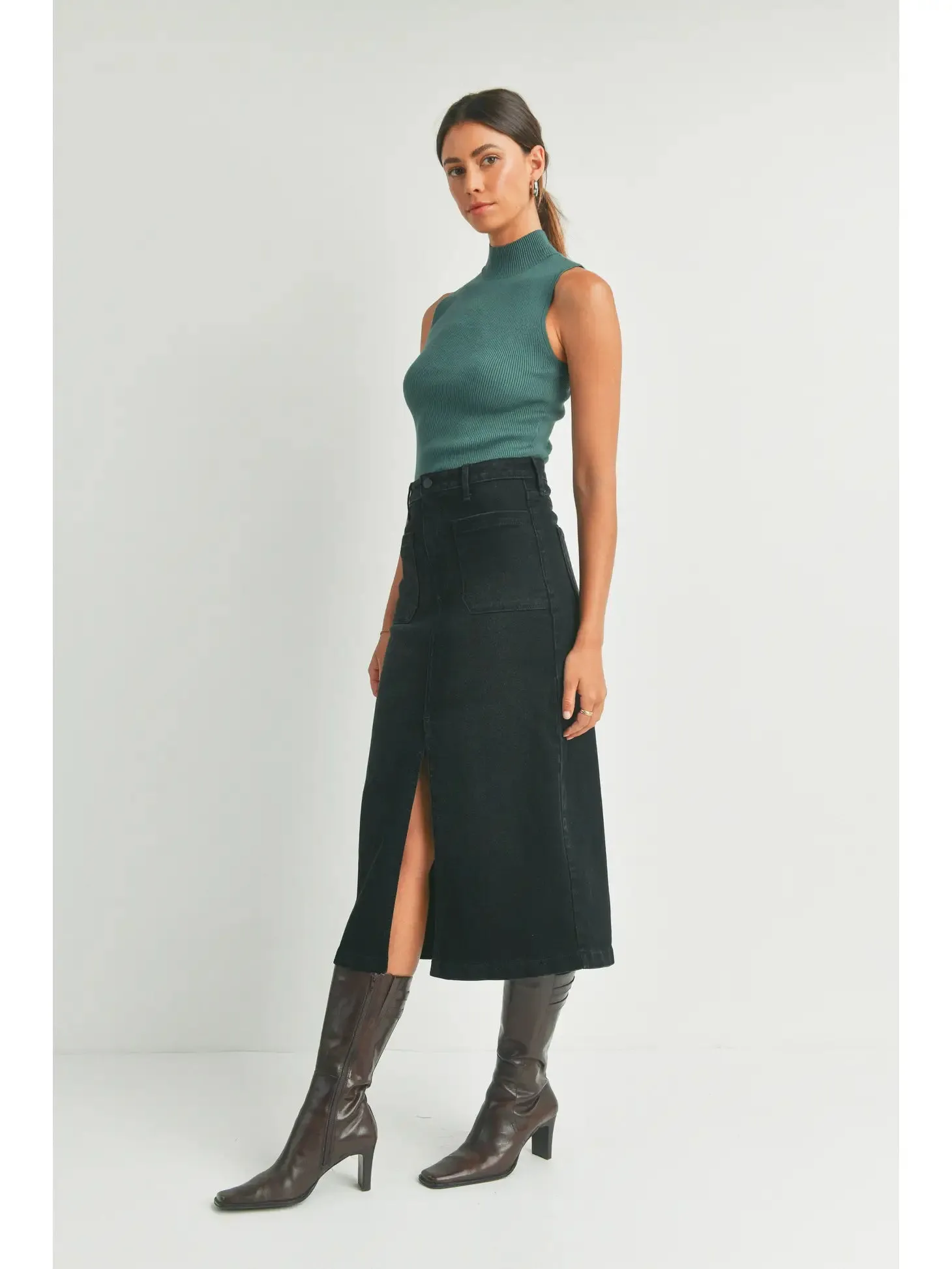 Jess Denim Utility Midi Skirt - Washed Black