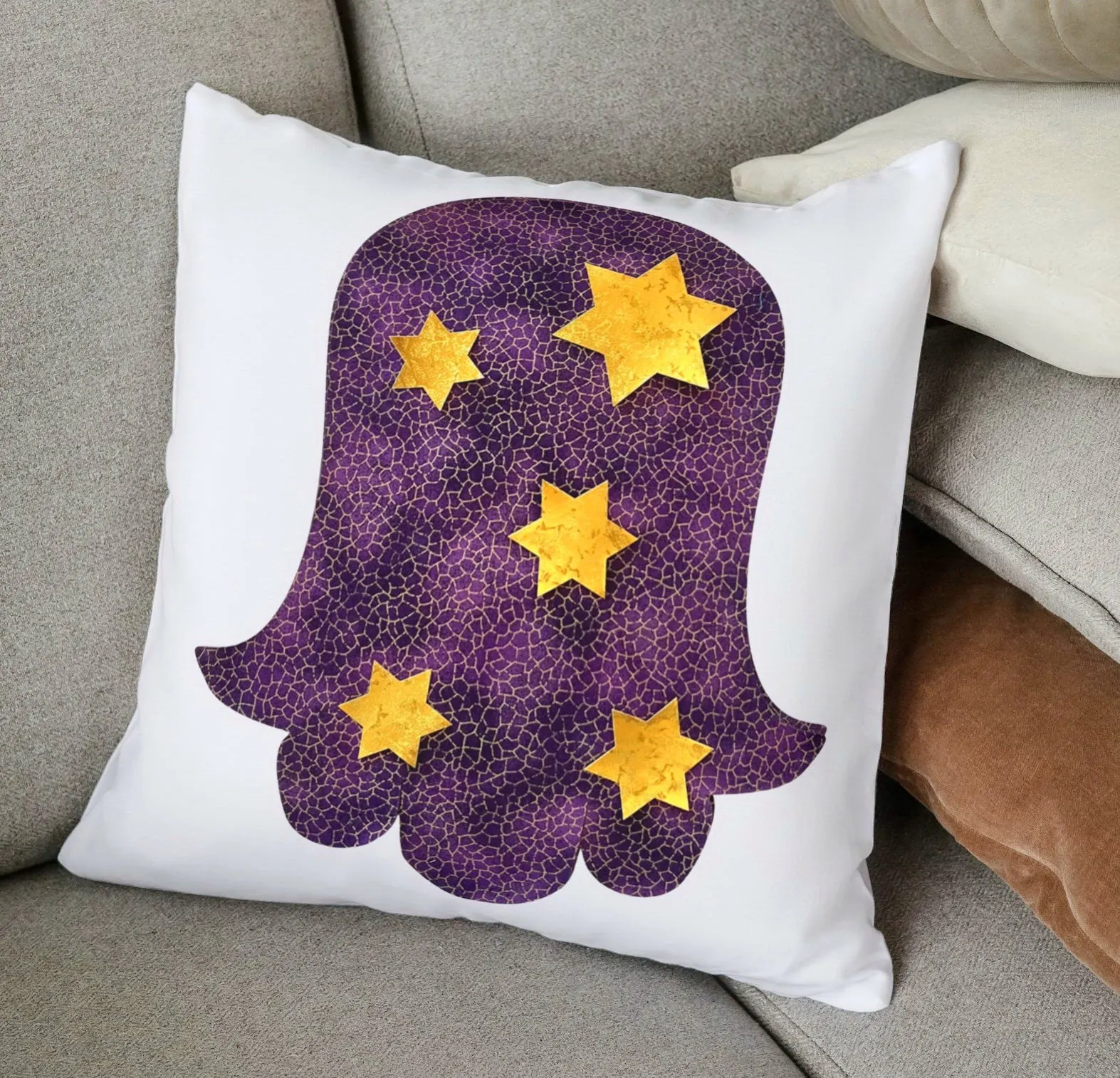 Jewish Die Cut Fusible Applique - Purple Crackle Hamsa with Gold Stars