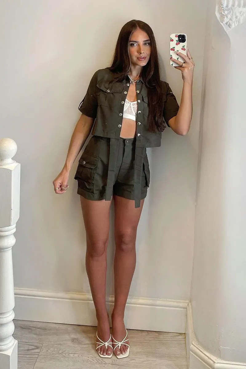 Khaki Button Front Utility Shirt & Shorts Set - Galia