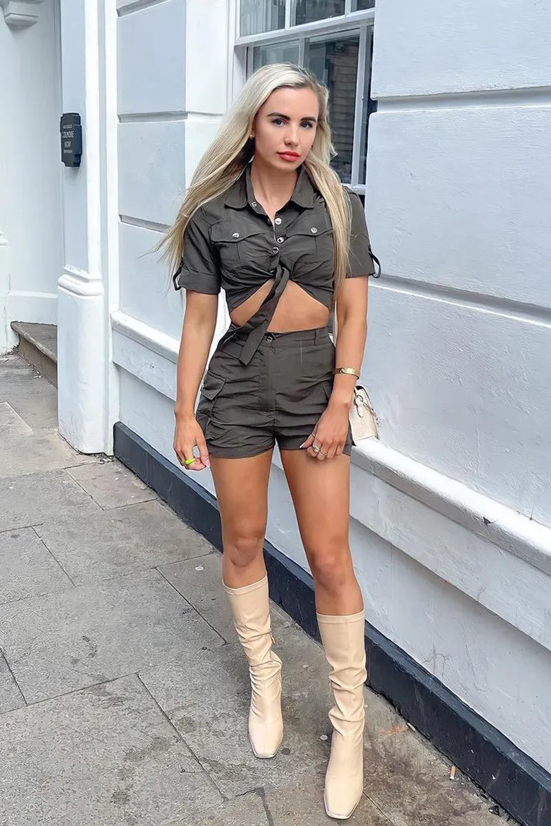 Khaki Button Front Utility Shirt & Shorts Set - Galia