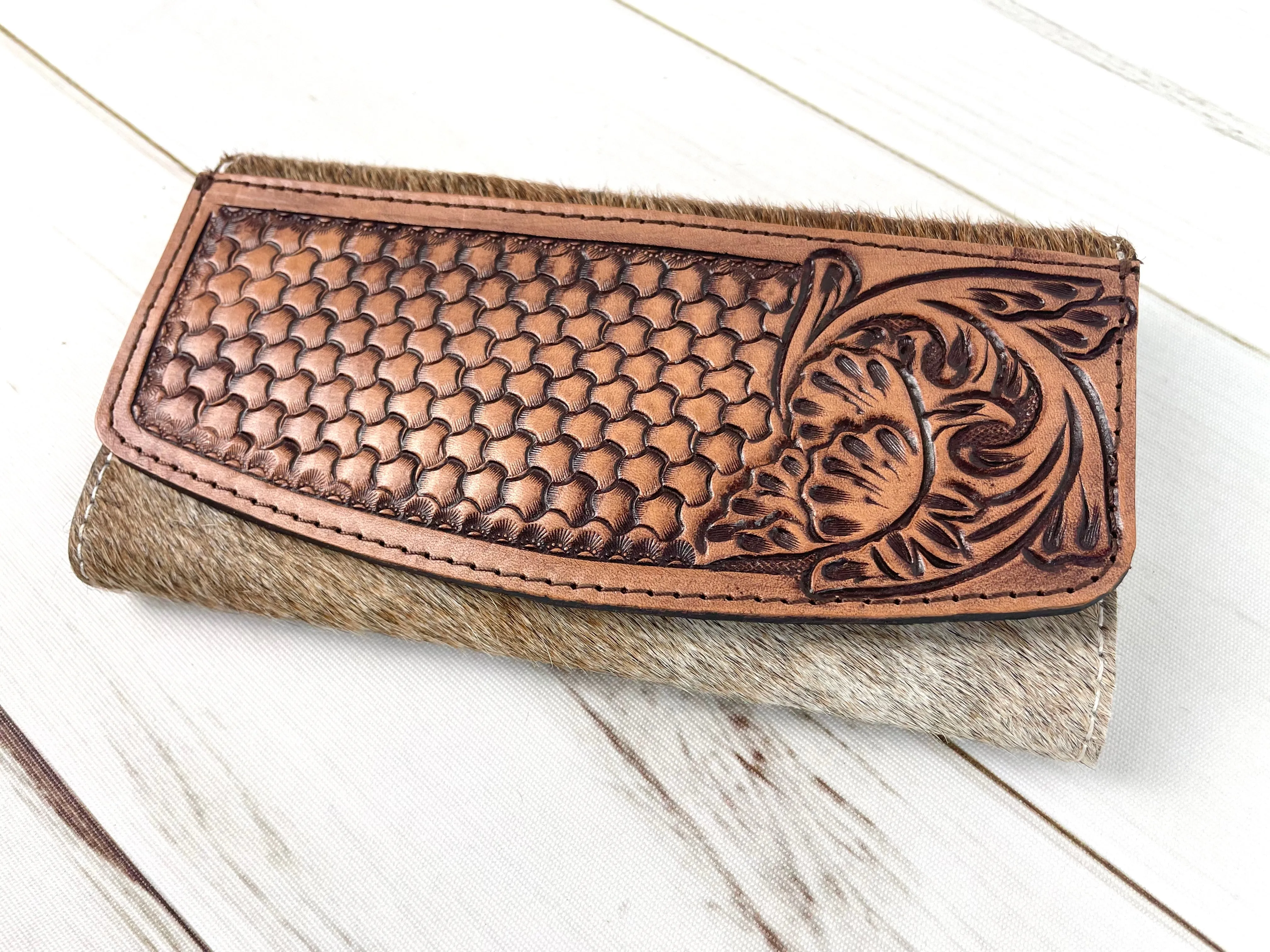 Leather Leaf Tooled Hide Wallet