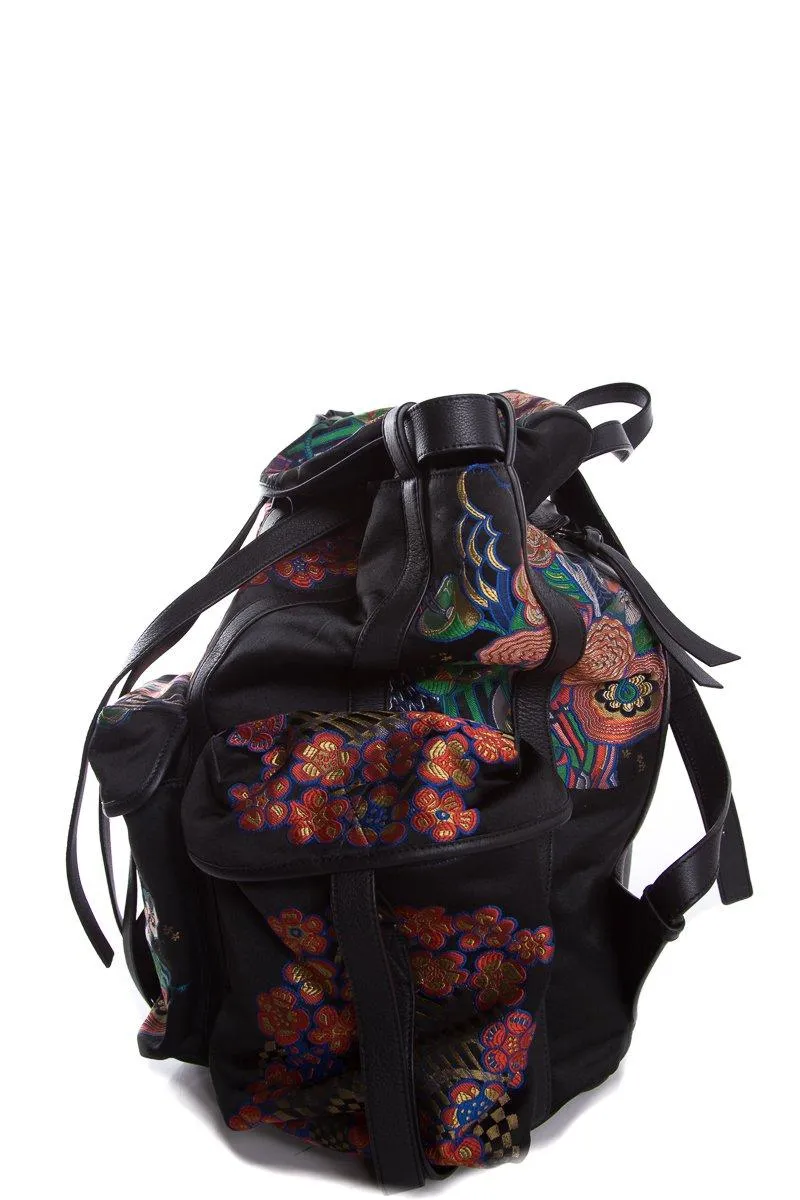 Loewe Black Leather & Multicolor Oriental Silk Print Backpack