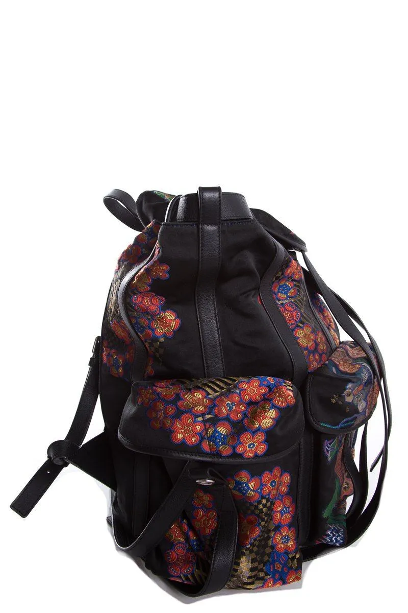 Loewe Black Leather & Multicolor Oriental Silk Print Backpack