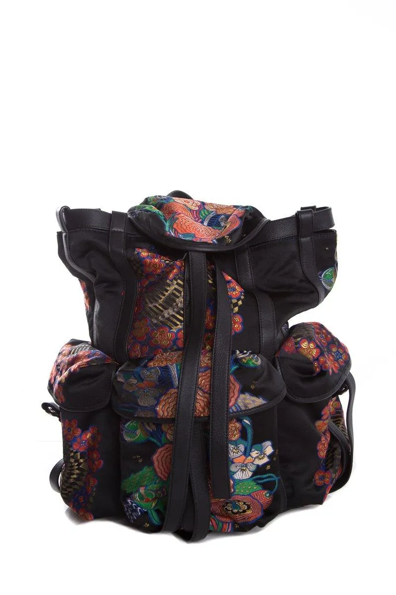 Loewe Black Leather & Multicolor Oriental Silk Print Backpack
