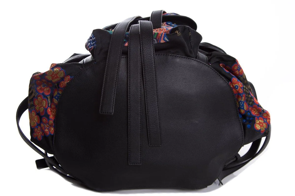 Loewe Black Leather & Multicolor Oriental Silk Print Backpack