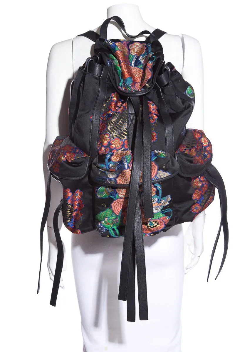 Loewe Black Leather & Multicolor Oriental Silk Print Backpack