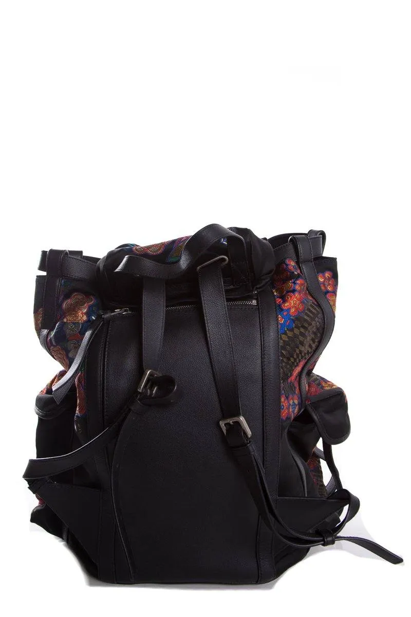 Loewe Black Leather & Multicolor Oriental Silk Print Backpack