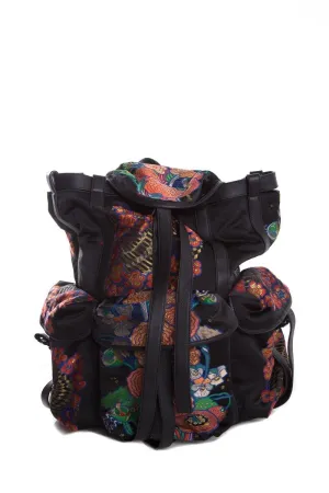 Loewe Black Leather & Multicolor Oriental Silk Print Backpack