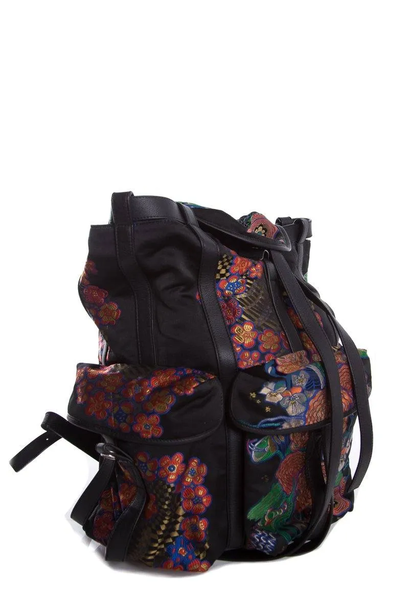 Loewe Black Leather & Multicolor Oriental Silk Print Backpack