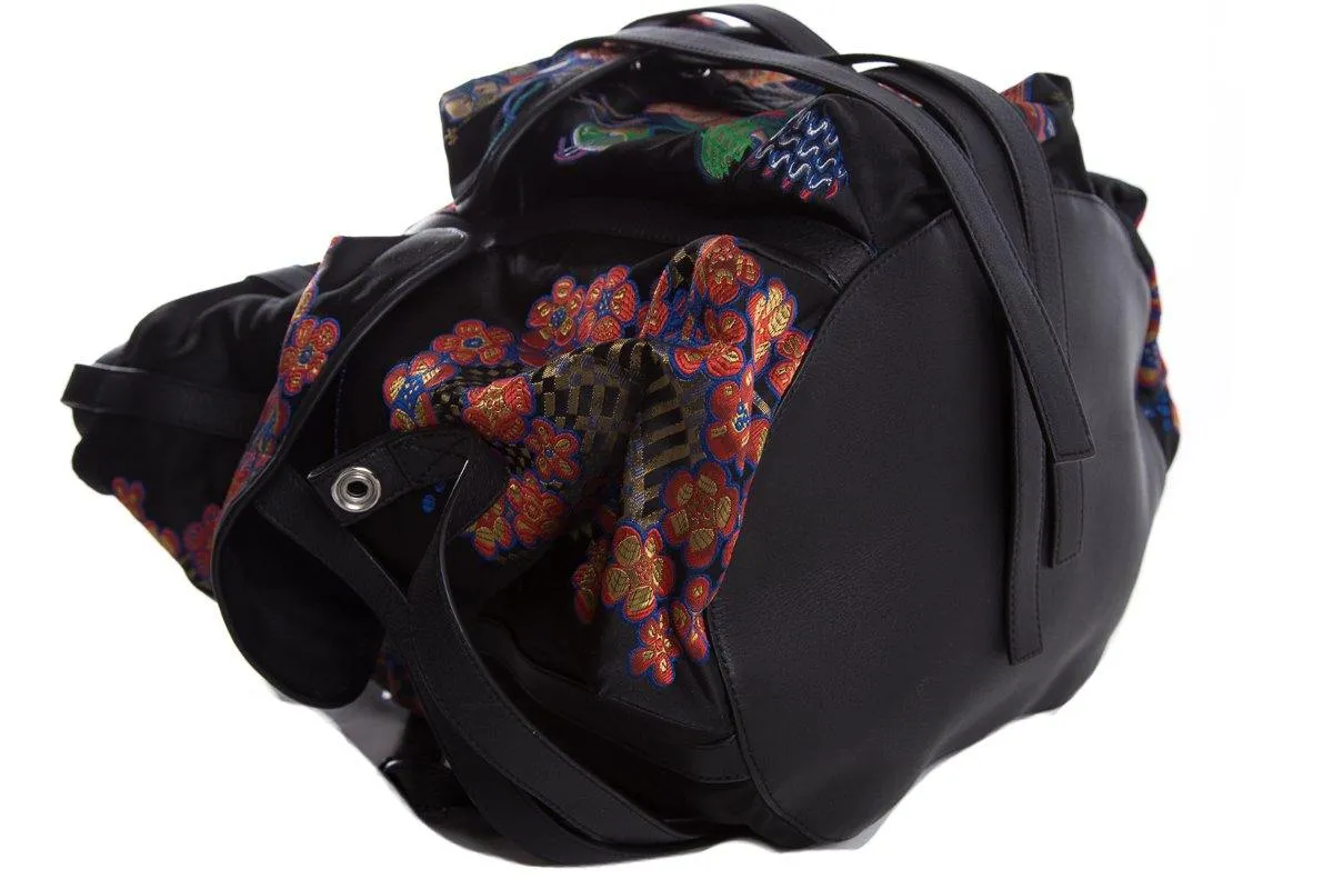 Loewe Black Leather & Multicolor Oriental Silk Print Backpack
