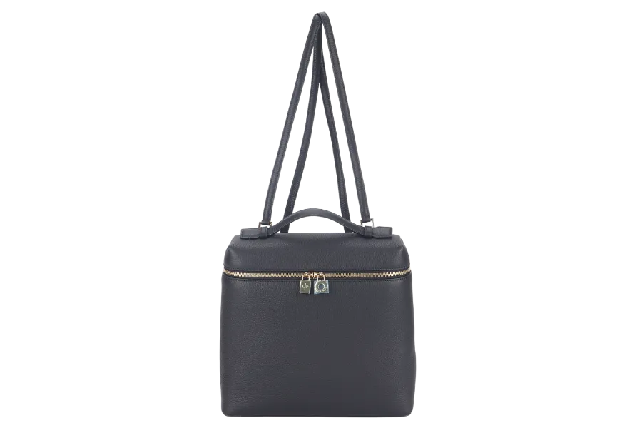 LORO PIANA EXTRA POCKET BACKPACK BLACK GRAINED CALFSKIN GOLD HARDWARE WITH DUST COVER AND BOX