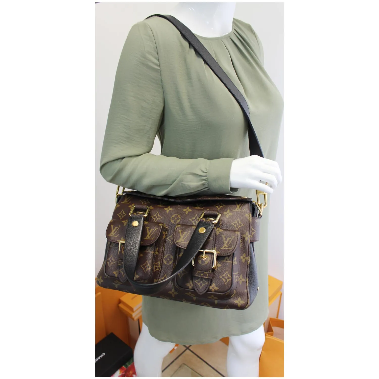 LOUIS VUITTON Manhattan NM Monogram Canvas Shoulder Bag Black - 15% OFF