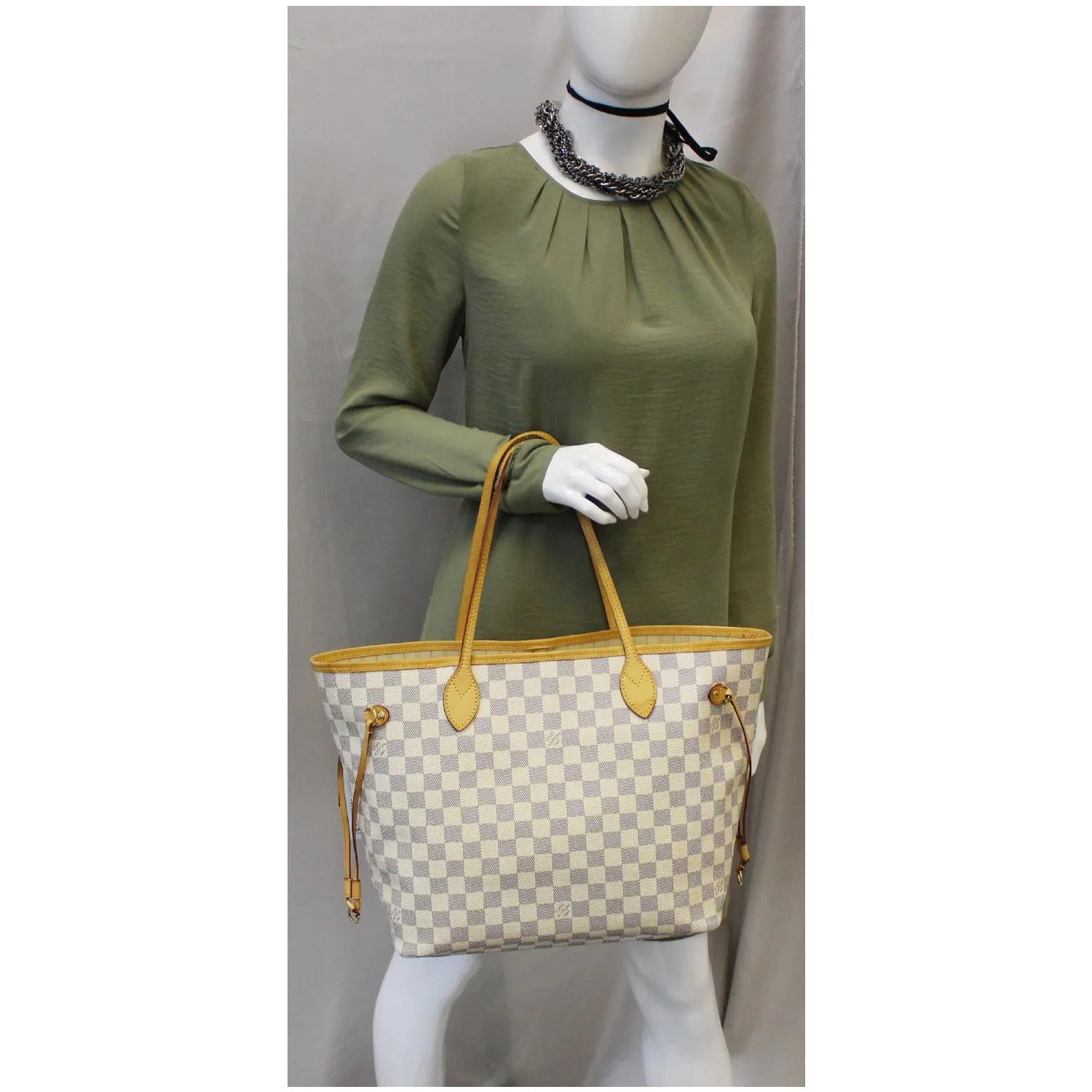 LOUIS VUITTON Neverfull MM Damier Azur Tote Shoulder Bag White