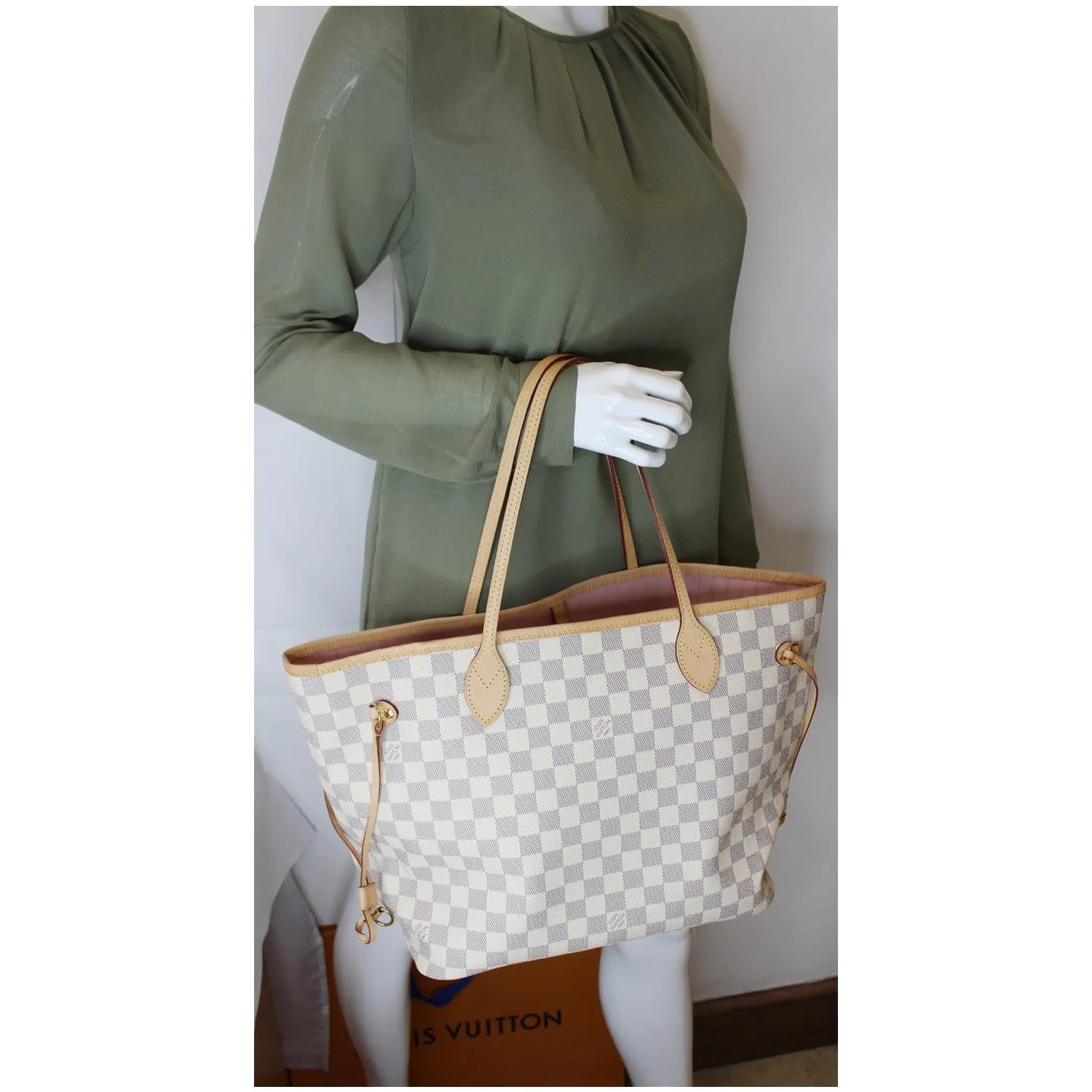 LOUIS VUITTON Neverfull MM Damier Azur Tote Shoulder Bag White