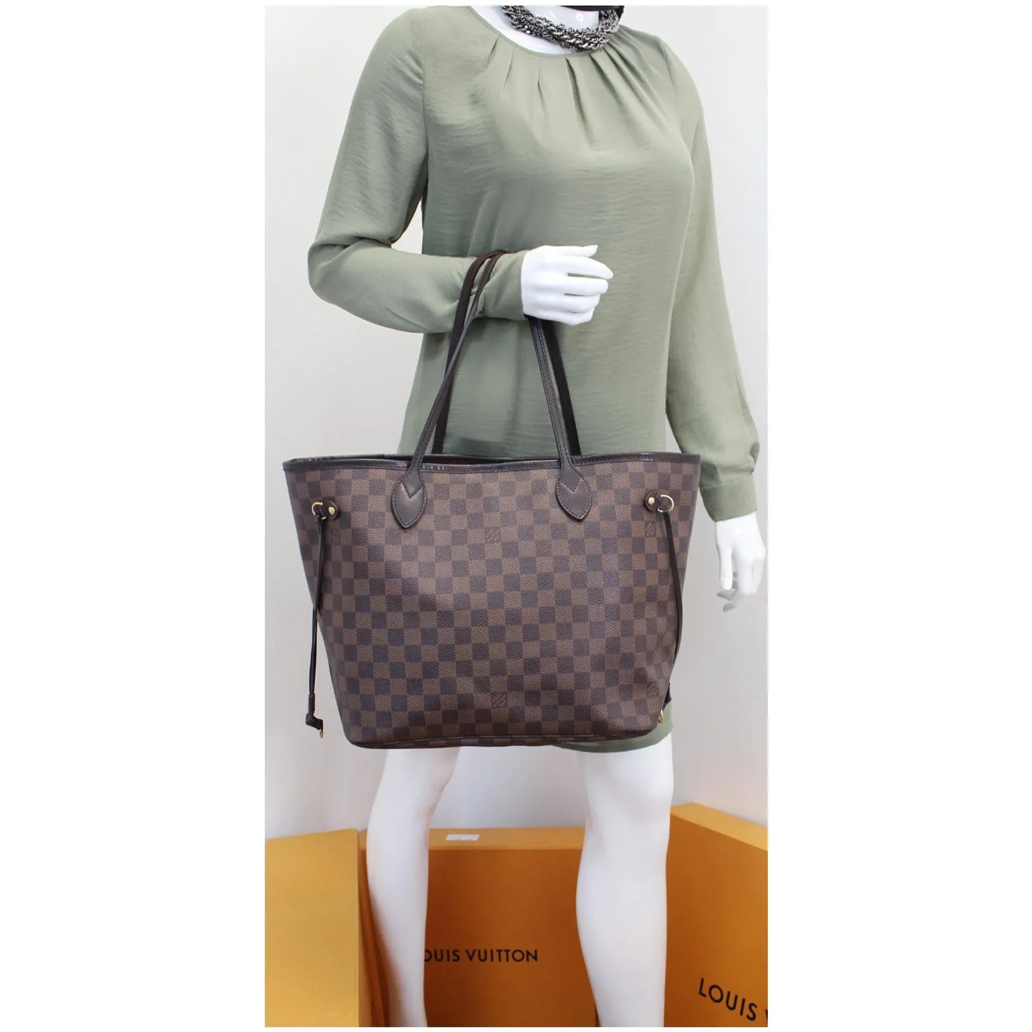 LOUIS VUITTON Neverfull MM Damier Ebene Tote Shoulder Bag Brown