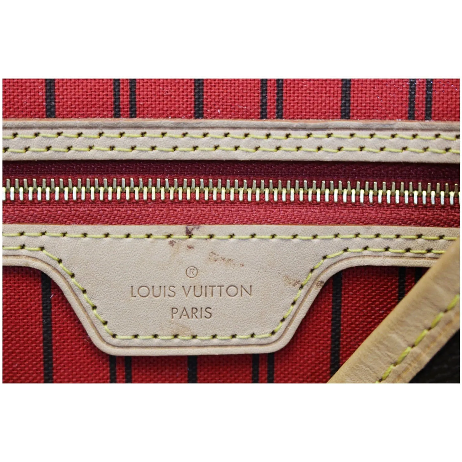 LOUIS VUITTON Neverfull MM Monogram Canvas Tote Bag Brown/Red