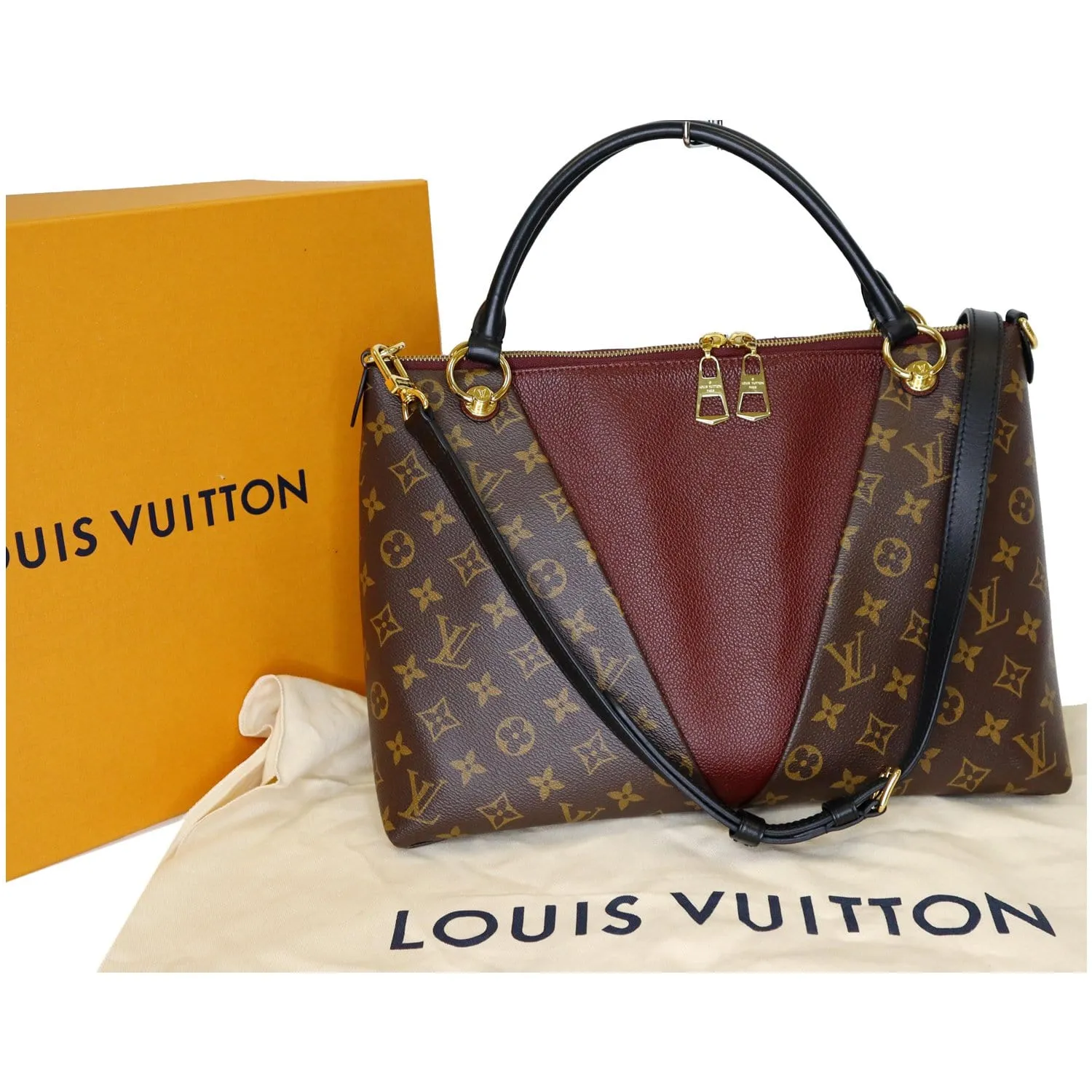 LOUIS VUITTON V MM Monogram Canvas Tote Shoulder Bag Bordeaux