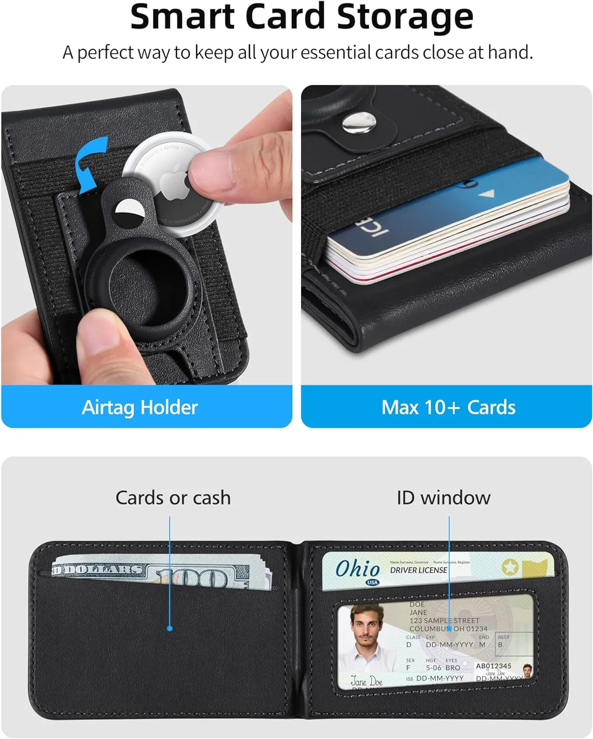 Magsafe Wallet Stand with Airtag Holder & ID Window for iPhone Series - Black