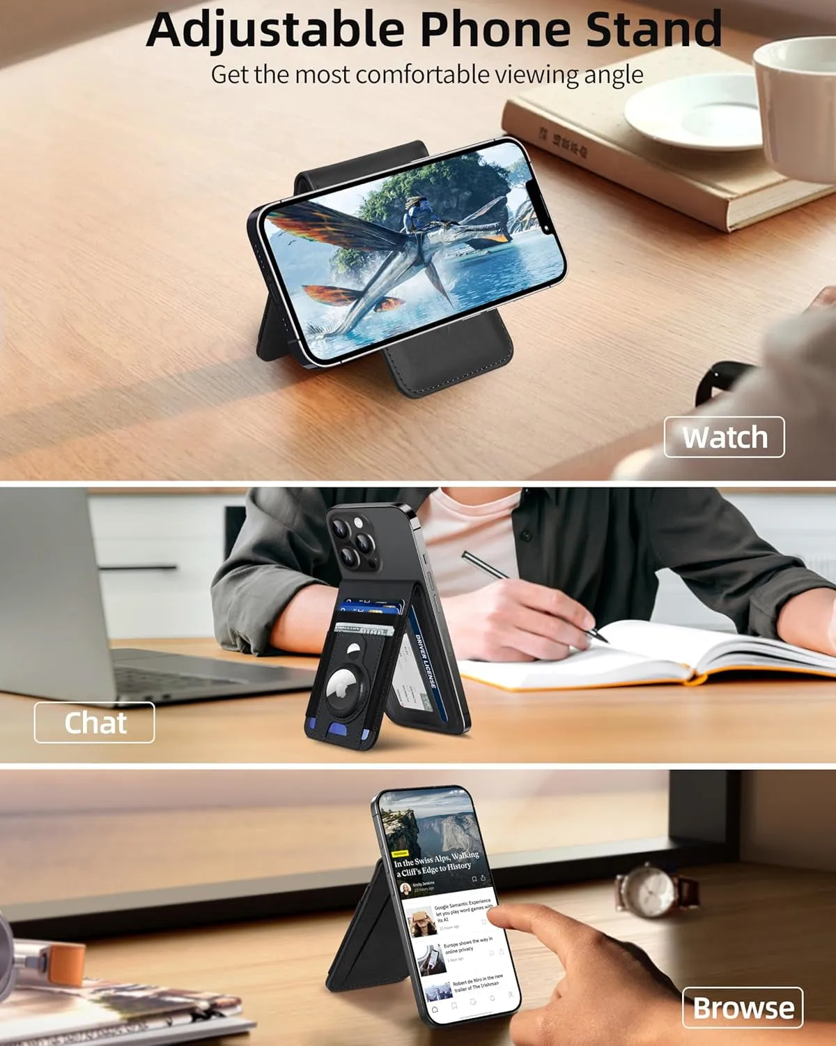 Magsafe Wallet Stand with Airtag Holder & ID Window for iPhone Series - Black