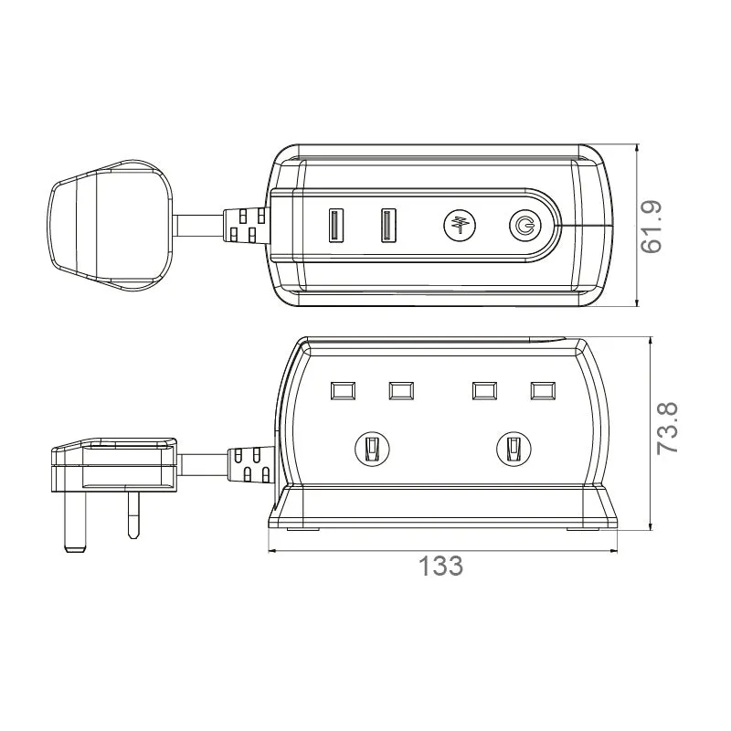 Masterplug SRGDSU42PW 4 Socket 2m 13A   2x3.1A USB Switched Surge Compact Extension Lead Gloss White