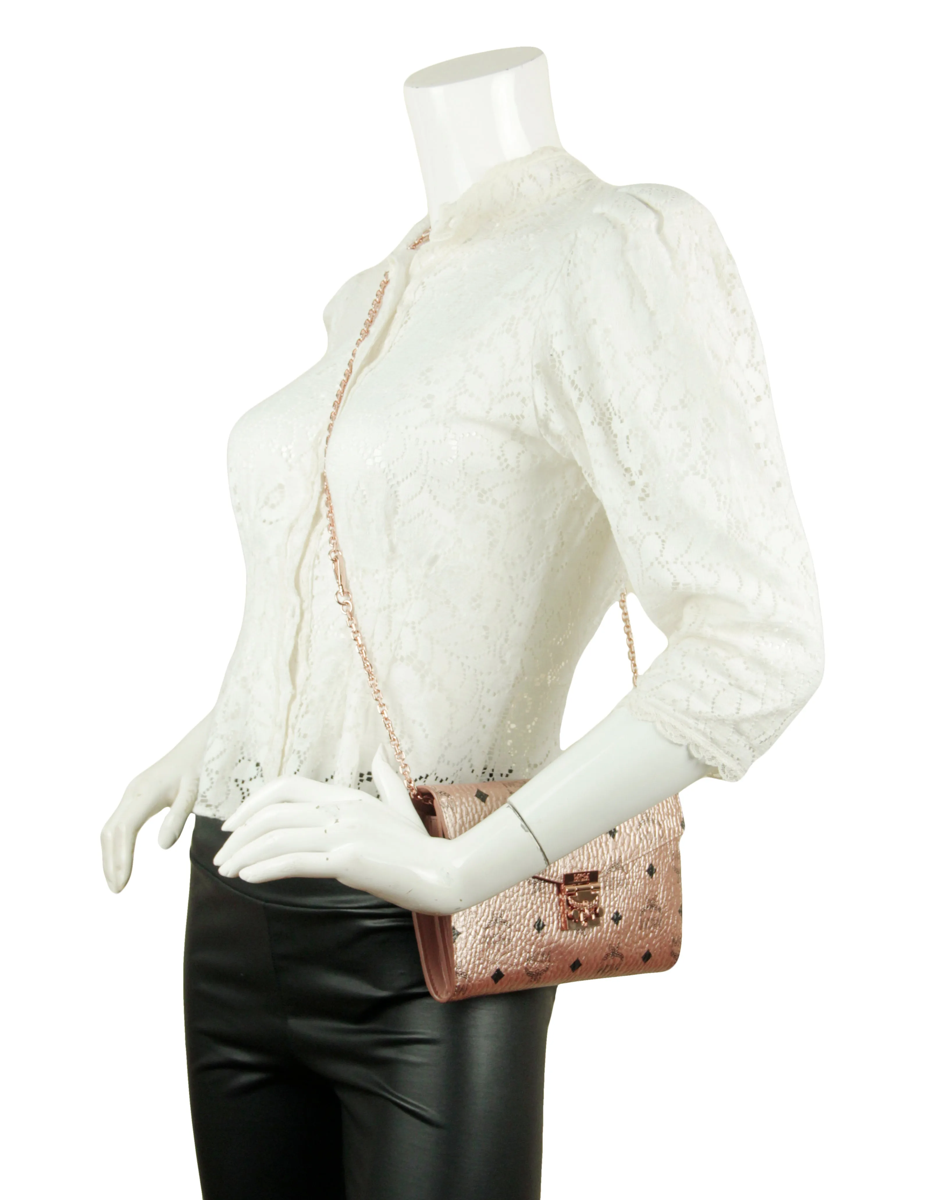MCM Champagne Metallic Visetos Patricia Wallet On Chain Crossbody Bag
