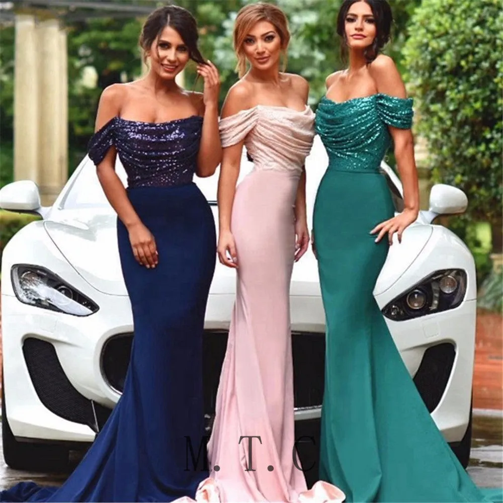 mermaid bridesmaid dresses 2020 off the shoulder elegant long sequin cheap wedding guest dresses