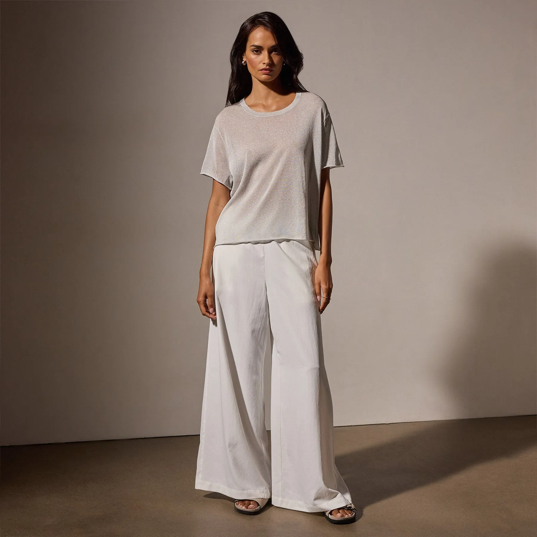 Metallic Knit Short Sleeve Crew - Silver