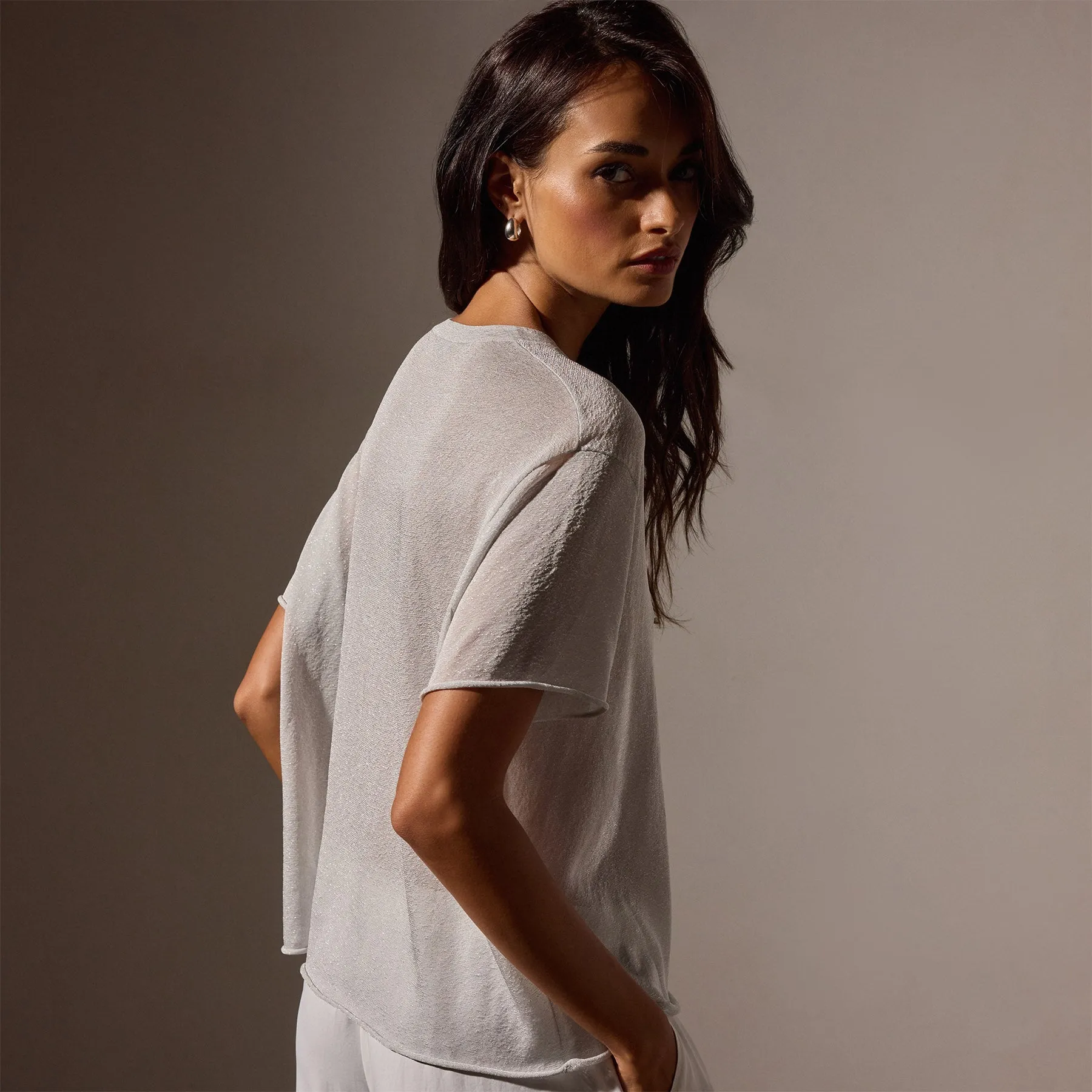 Metallic Knit Short Sleeve Crew - Silver