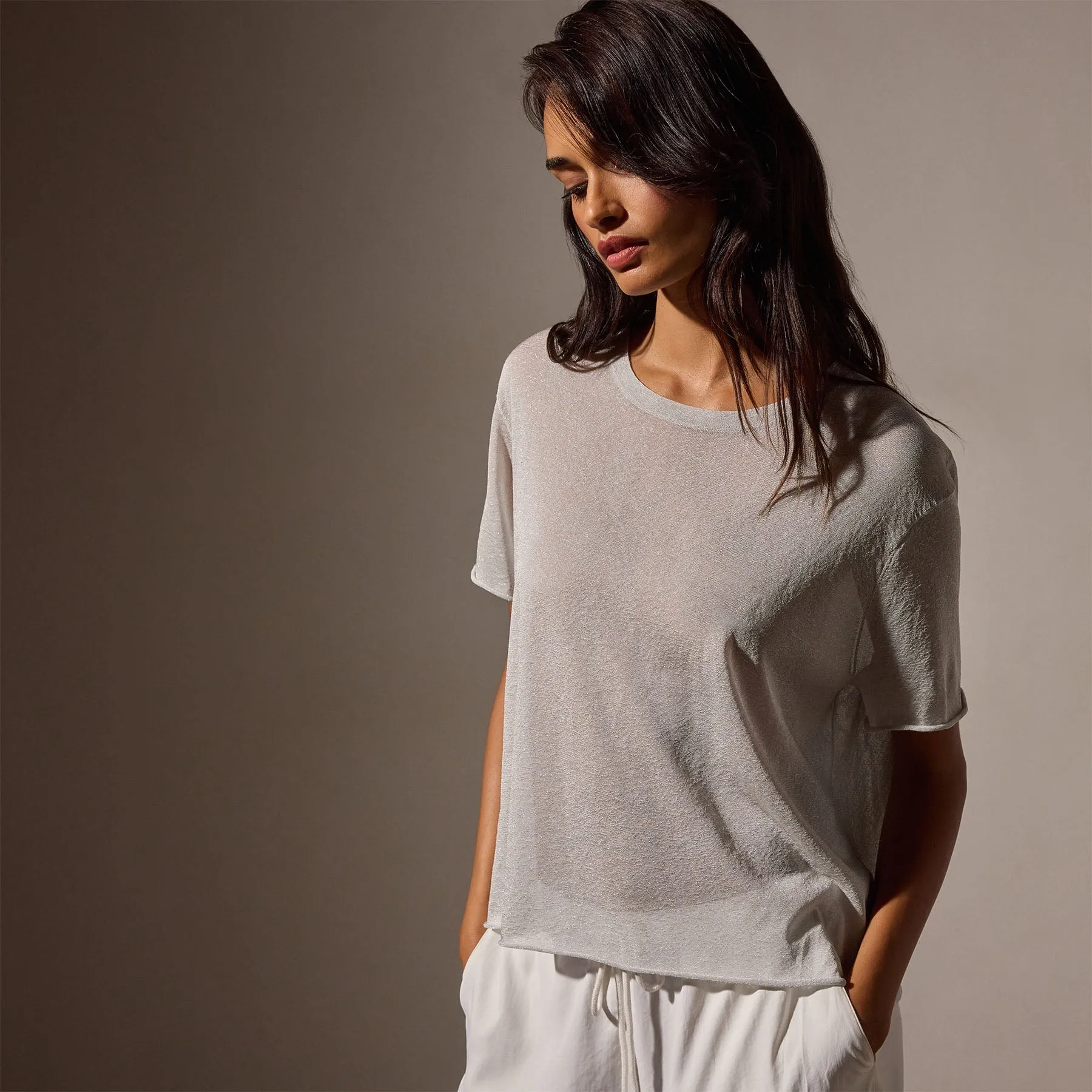 Metallic Knit Short Sleeve Crew - Silver
