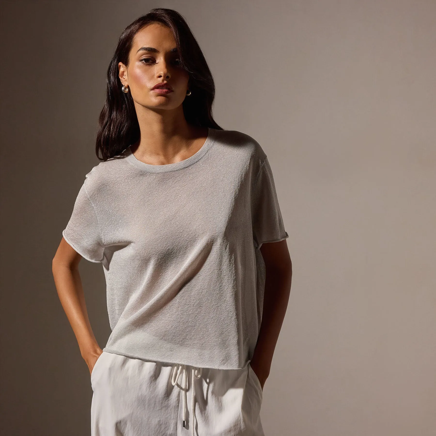 Metallic Knit Short Sleeve Crew - Silver