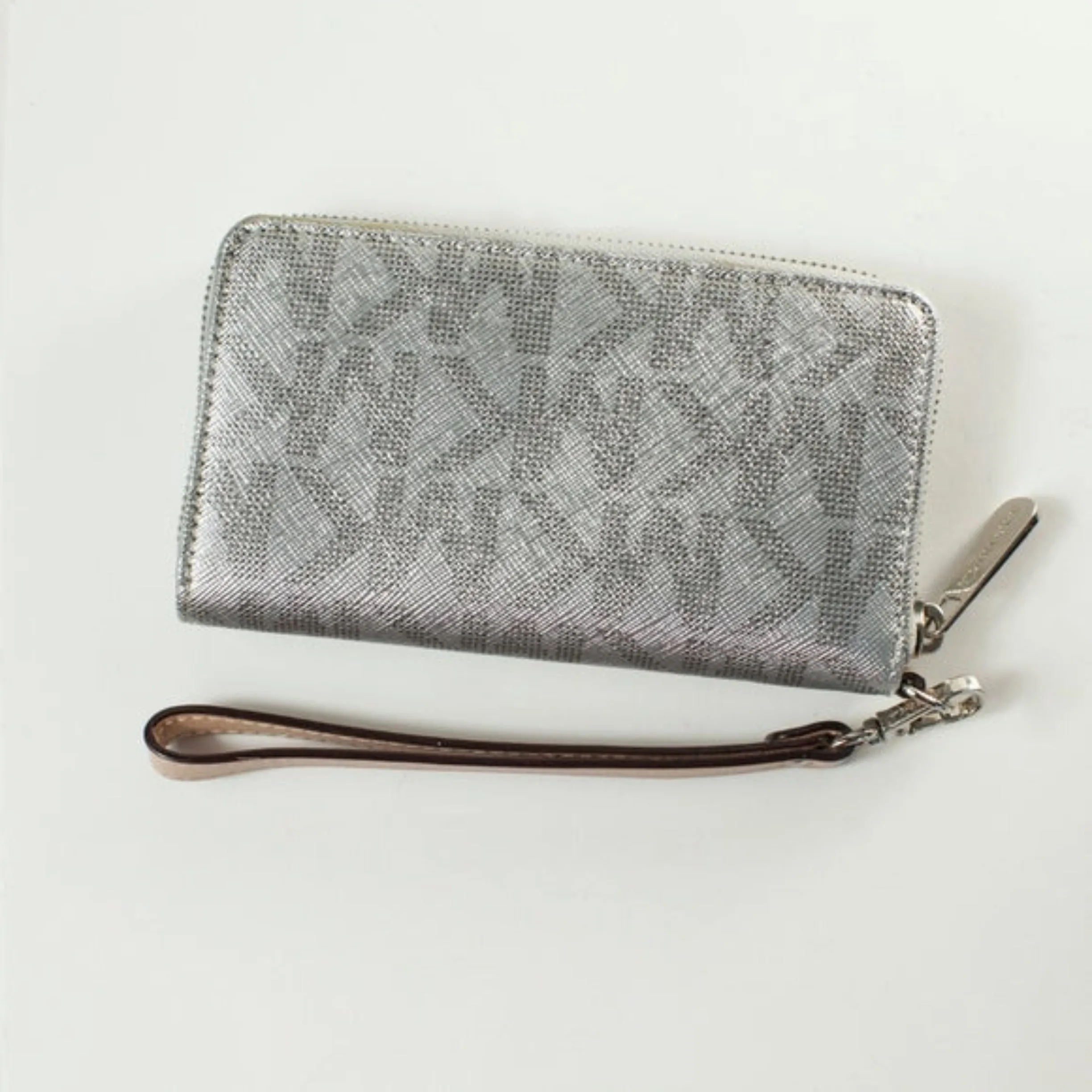 MICHAEL KORS Gunmetal Silver Metallic Mirrored MK Logo Zip Around Wallet Wristlet