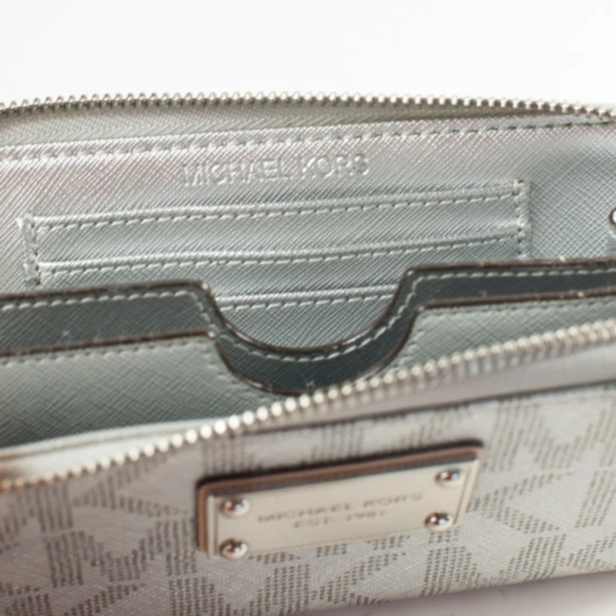 MICHAEL KORS Gunmetal Silver Metallic Mirrored MK Logo Zip Around Wallet Wristlet