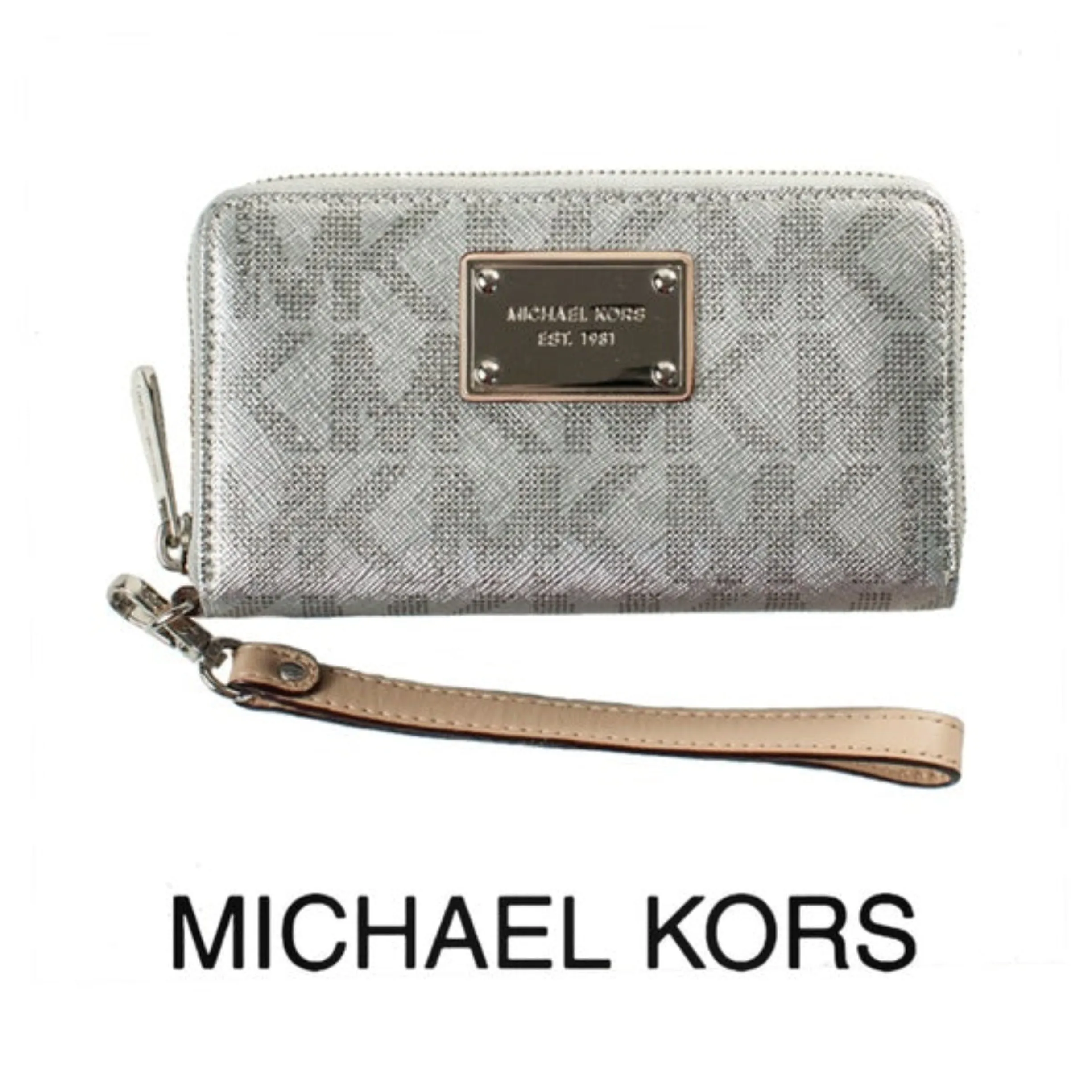 MICHAEL KORS Gunmetal Silver Metallic Mirrored MK Logo Zip Around Wallet Wristlet