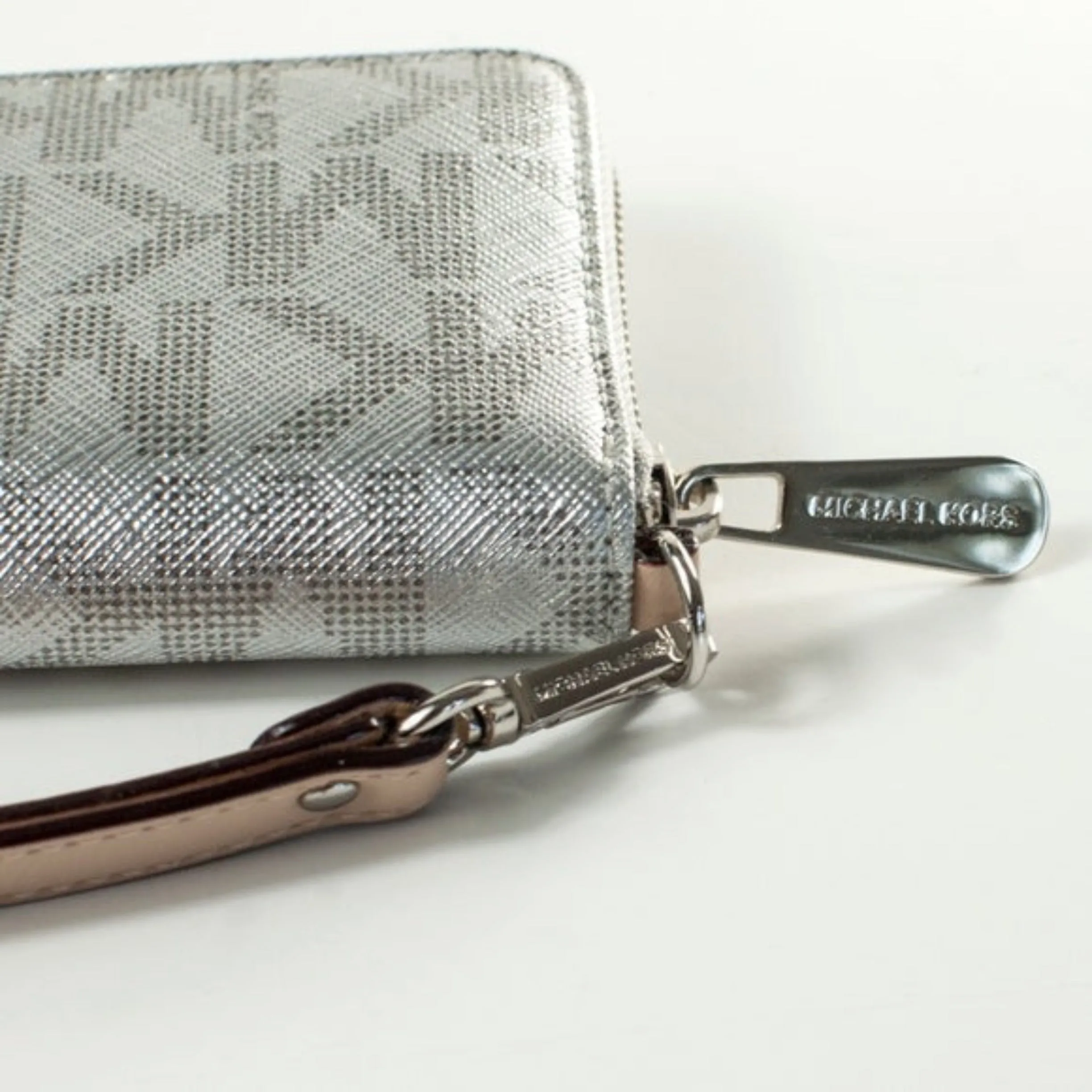 MICHAEL KORS Gunmetal Silver Metallic Mirrored MK Logo Zip Around Wallet Wristlet