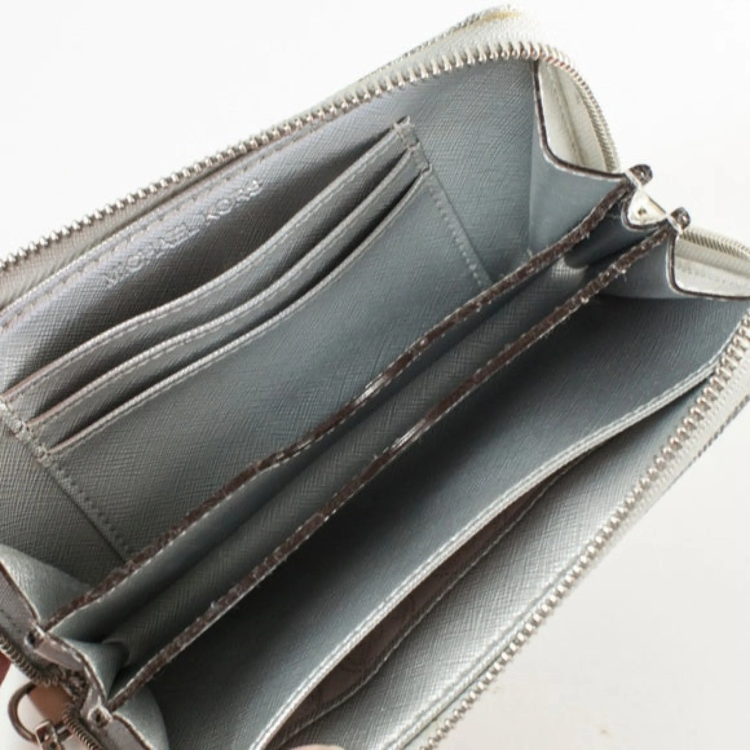 MICHAEL KORS Gunmetal Silver Metallic Mirrored MK Logo Zip Around Wallet Wristlet