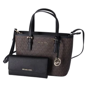 Michael Kors JetSet XS CarryallTote Brown MKLogoSignature  BlackWallet