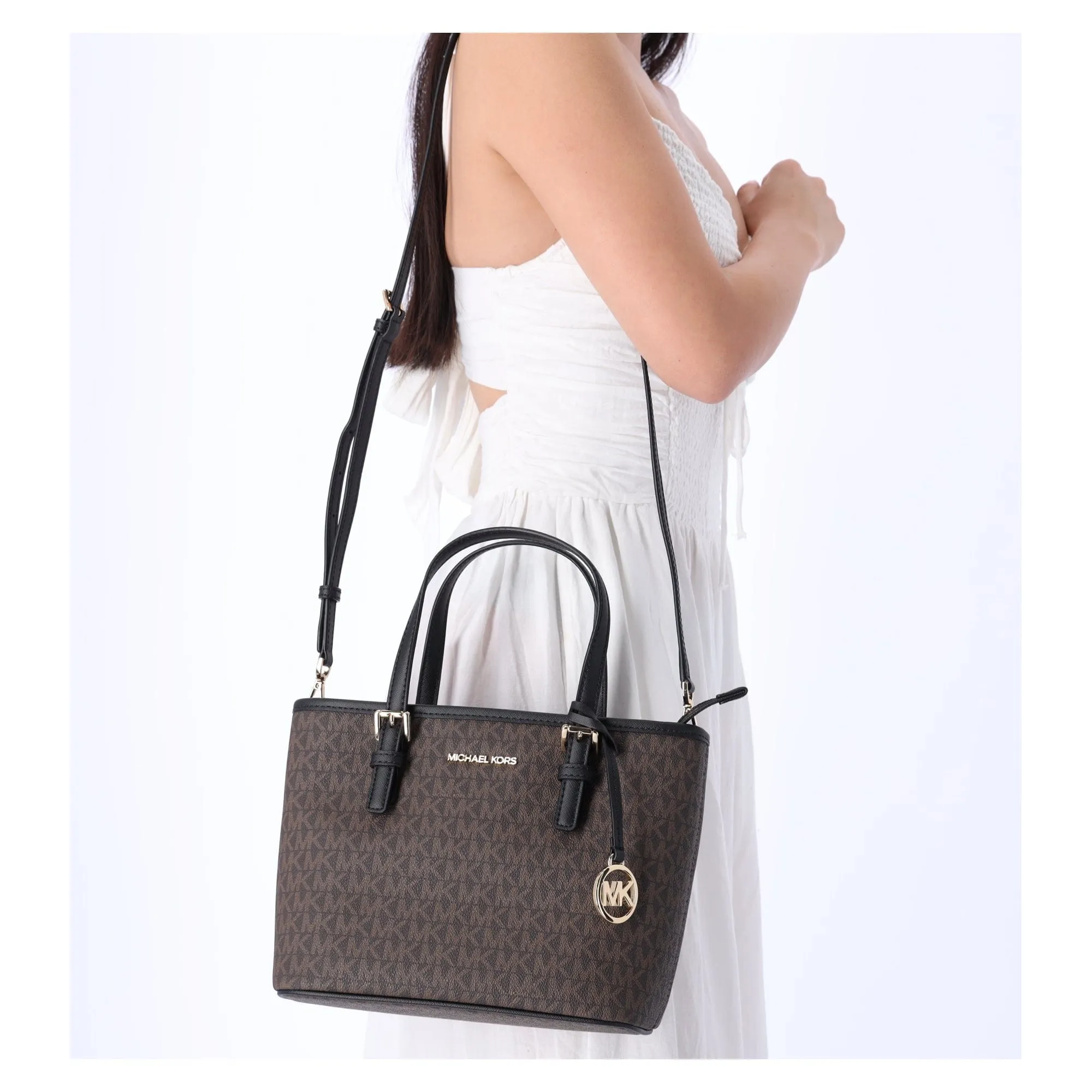 Michael Kors JetSet XS CarryallTote Brown MKLogoSignature  BlackWallet