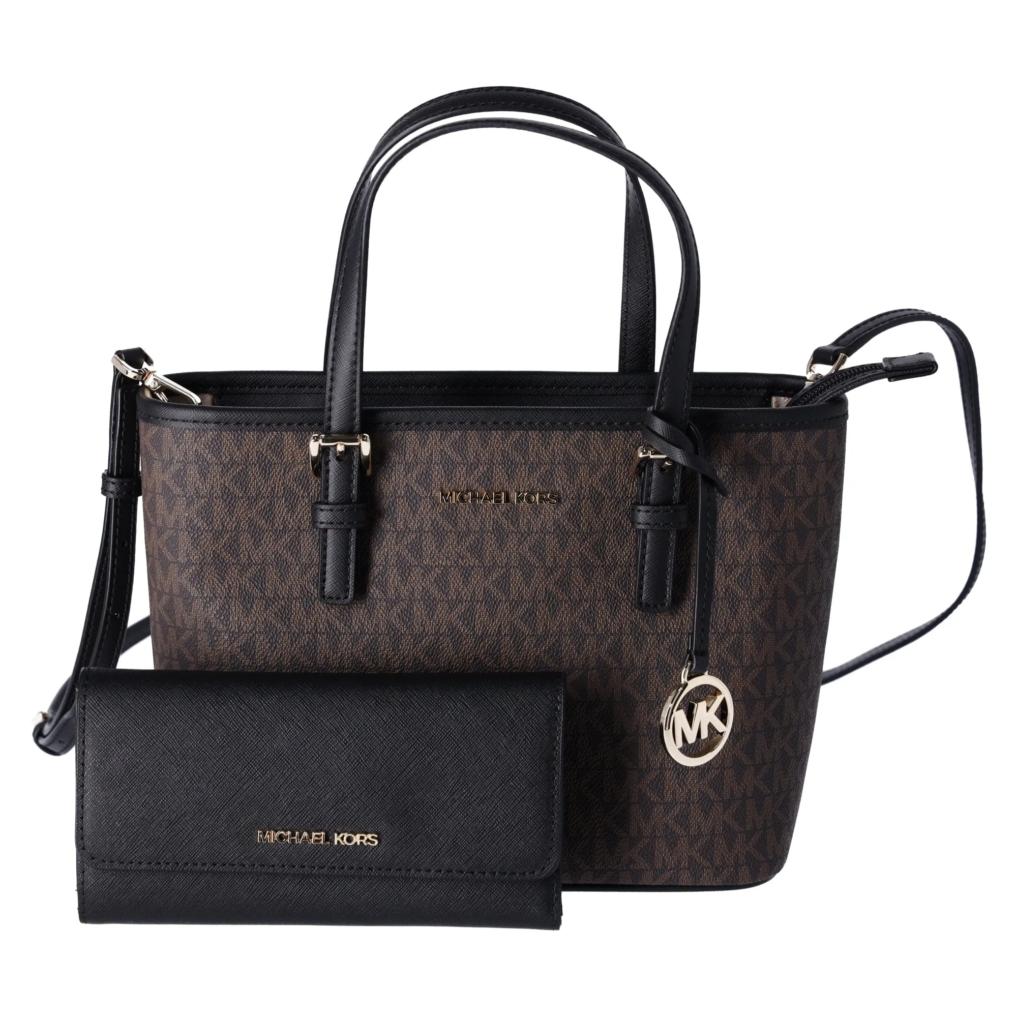 Michael Kors JetSet XS CarryallTote Brown MKLogoSignature  BlackWallet