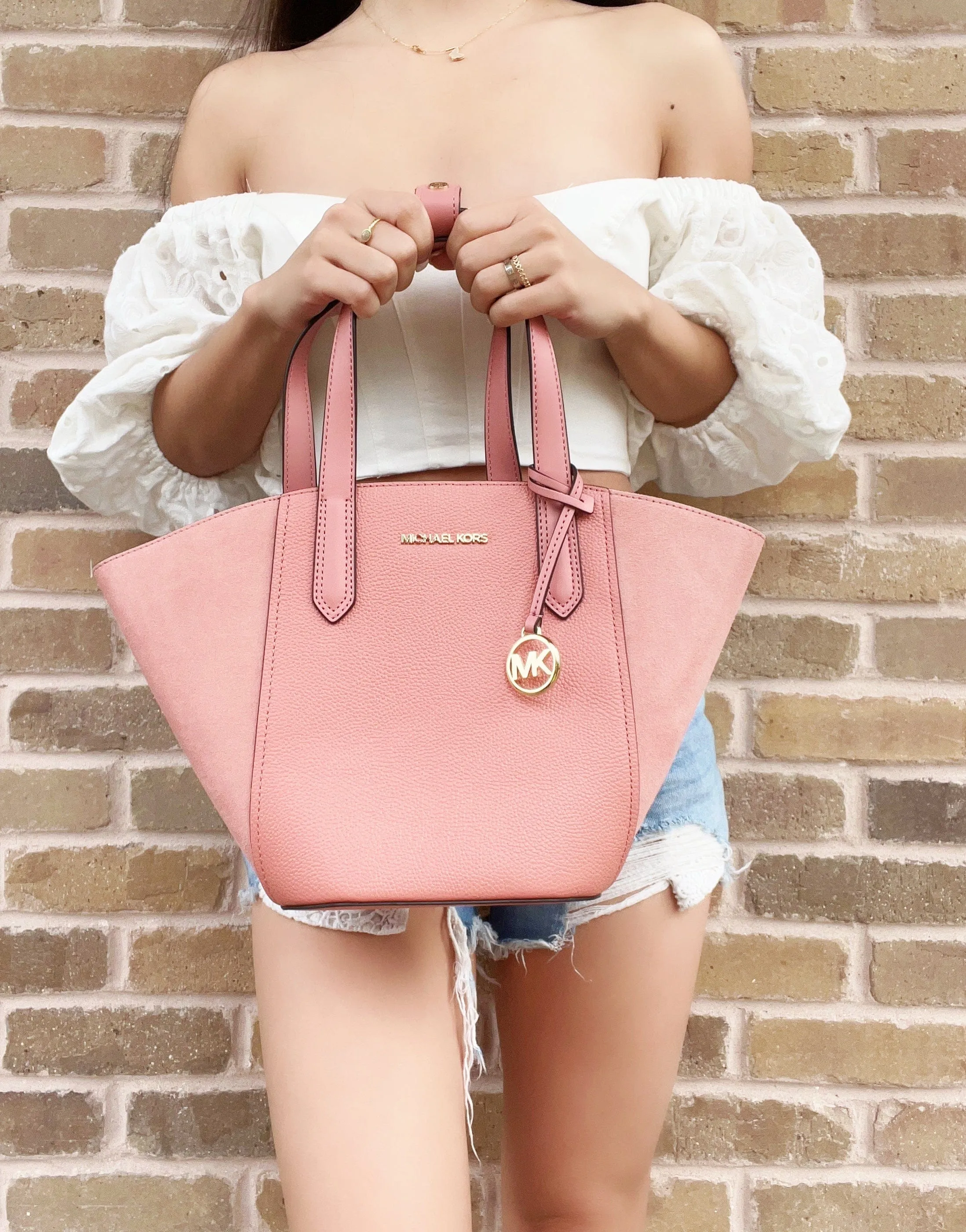 Michael Kors Portia Sunset Rose Small Suede Leather Tote Grab Bag