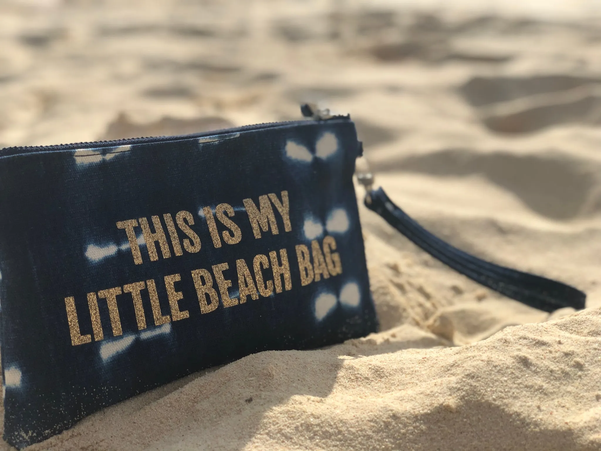 Mini Luxe Clutch Wristlet: Blue Shibori Gold Glitter "This is my Little Beach Bag"